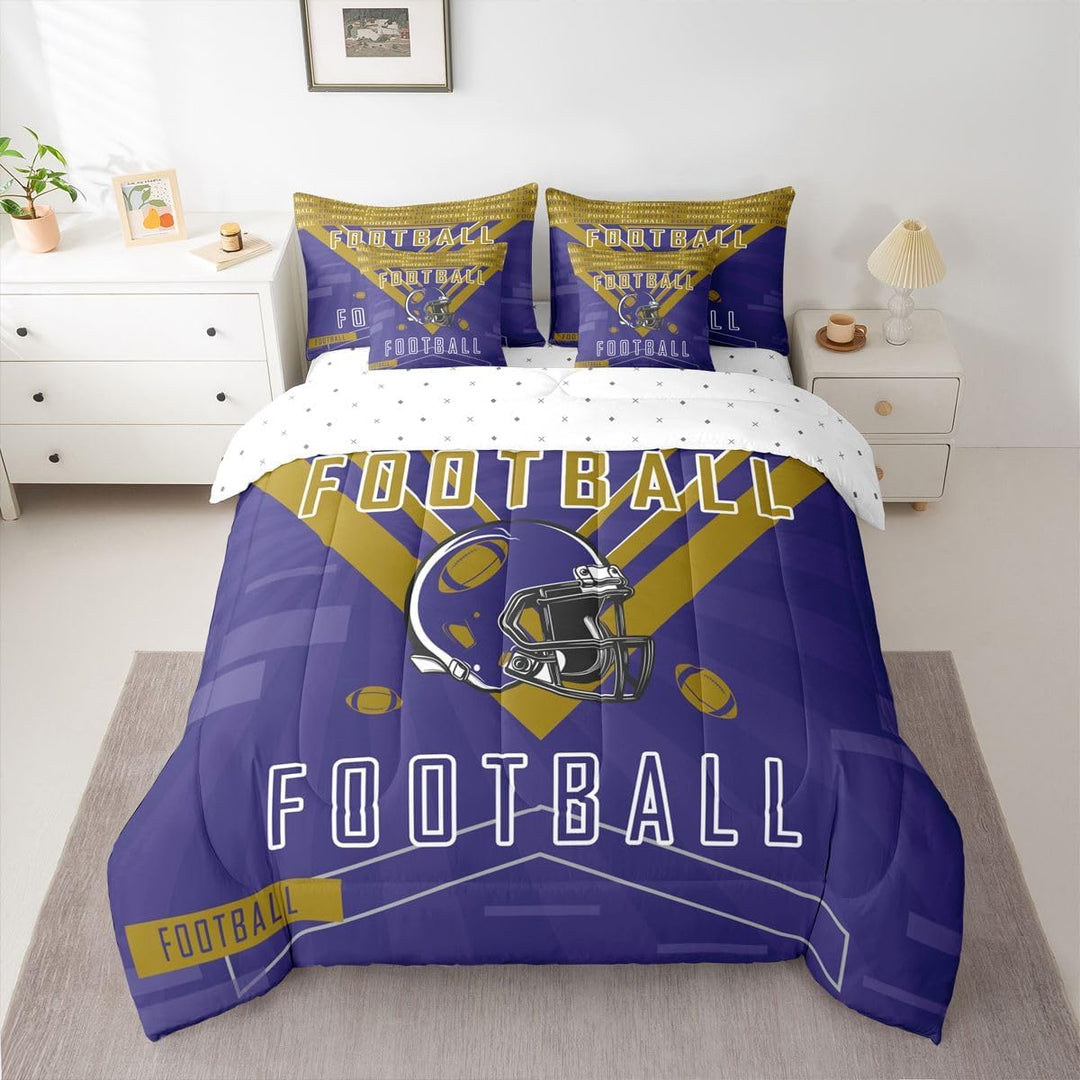 Football comforter and white sheet set on bed