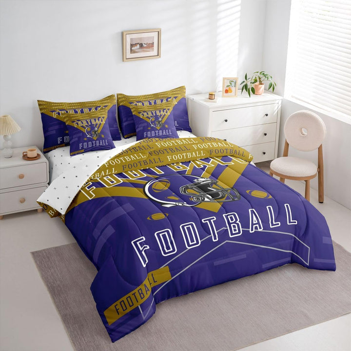 Purple football full bedding set, angled view
