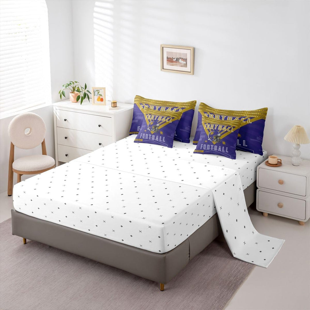 White fitted sheet with football pillowcases