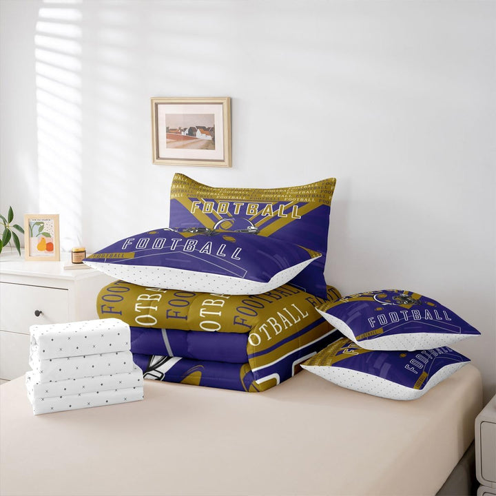 Folded football comforter and pillow covers
