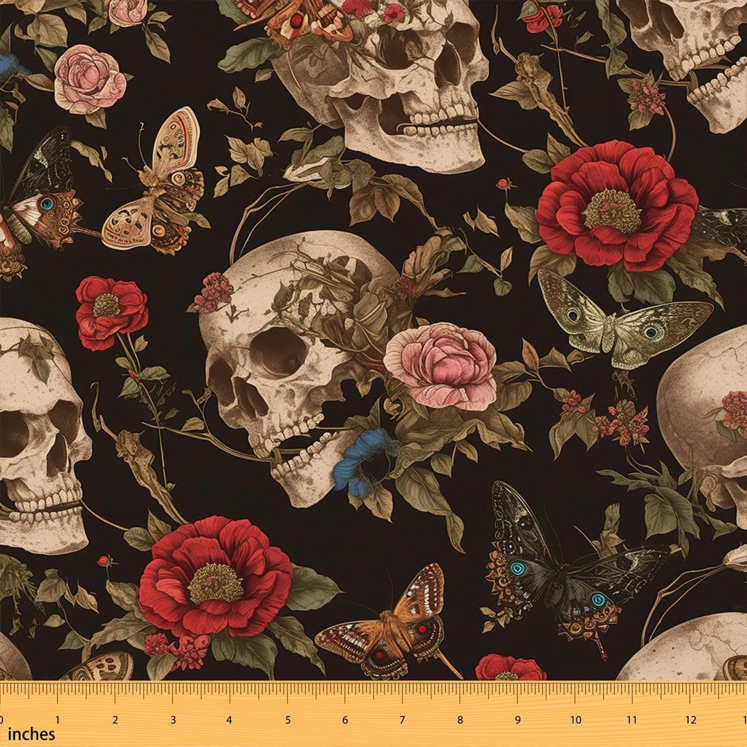 Sugar skull rose and moth fabric pattern with inch ruler