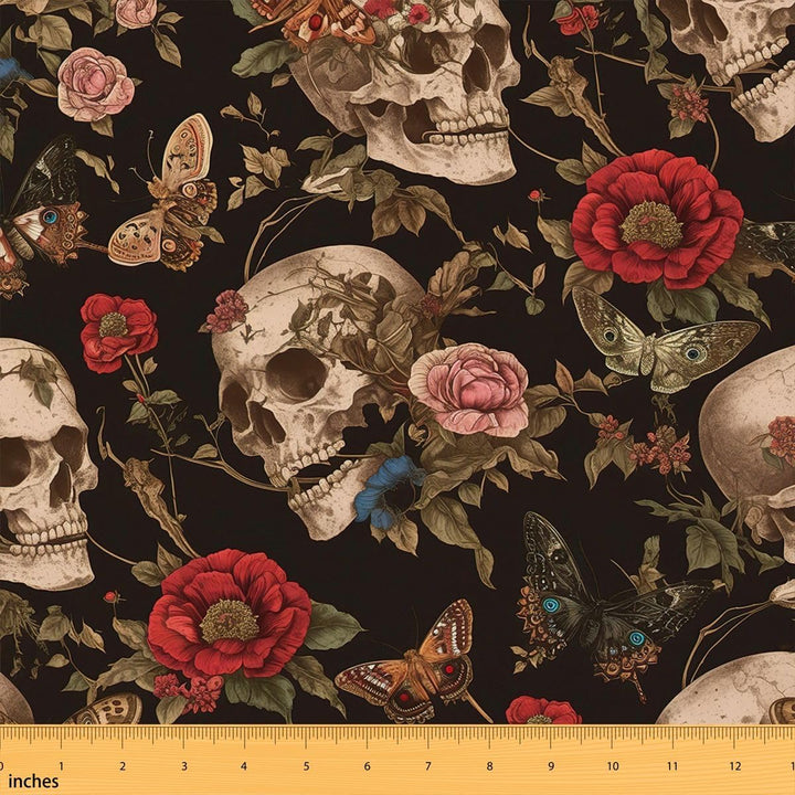 Sugar skull rose and moth fabric pattern with inch ruler