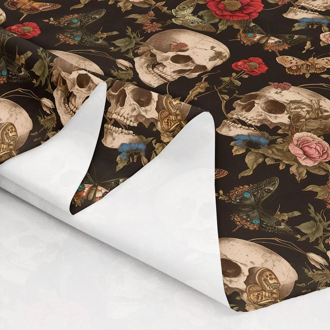Skull rose moth fabric draped to show print