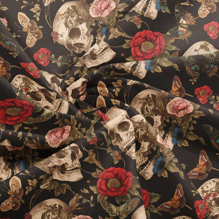 Close view of printed skull rose fabric folds
