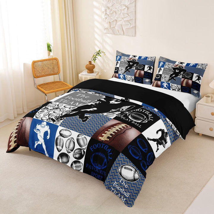 Angled view of football duvet cover and matching pillowcases