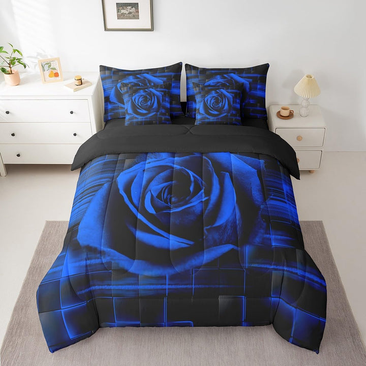 Blue rose and black twin comforter set on a bed