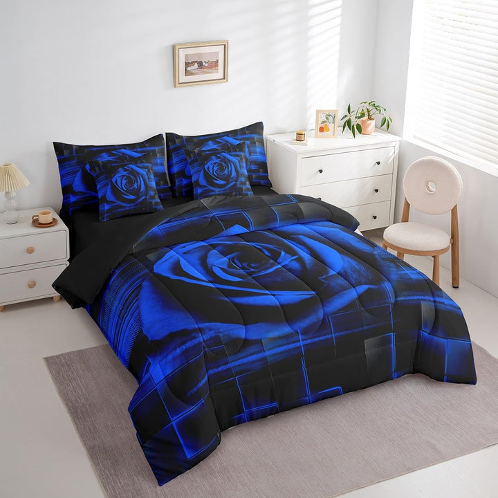 Angled view of blue rose twin bedding