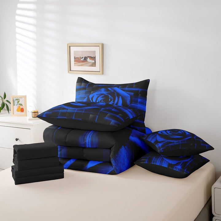 Seven-piece blue rose bedding set with black sheets