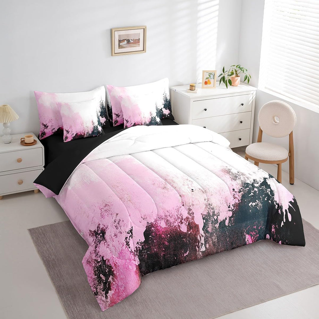Angled view of pink abstract full bedding