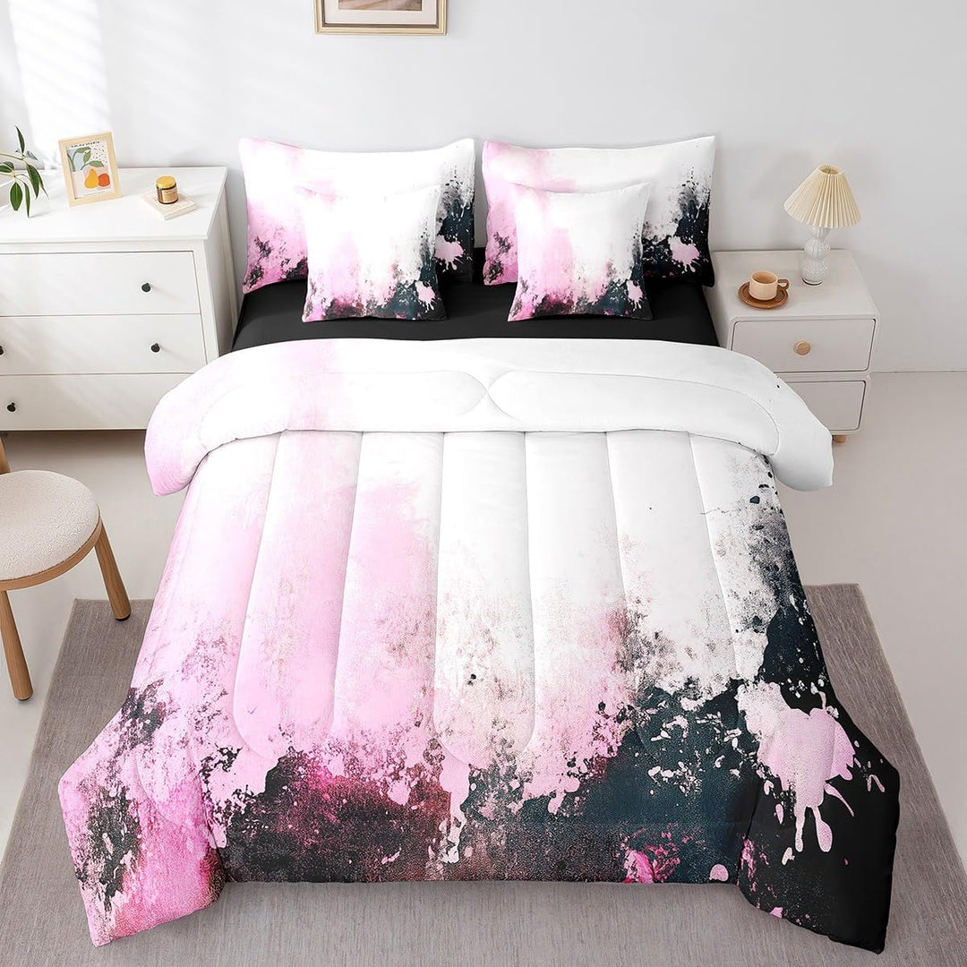 Front view of pink abstract comforter and matching pillows