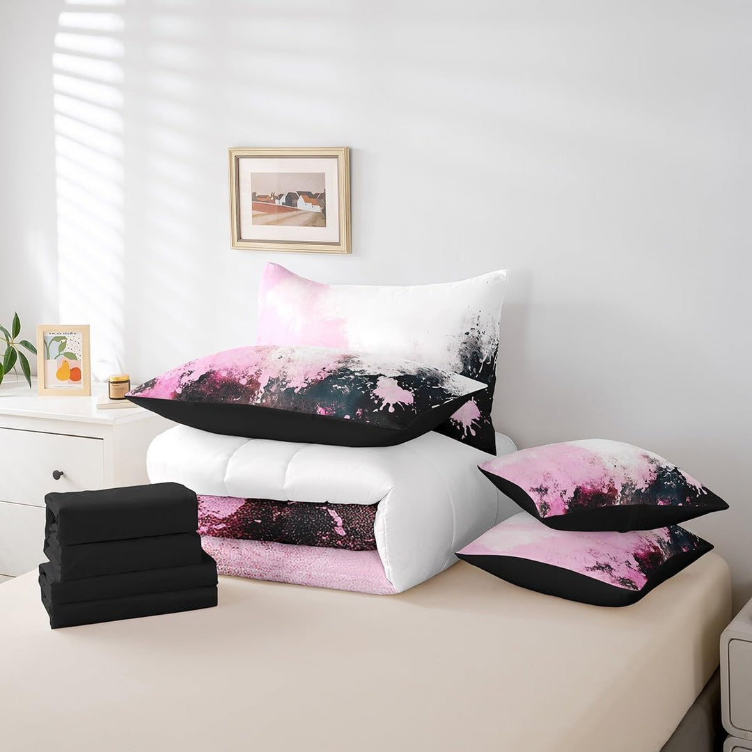 Seven-piece pink abstract bedding components