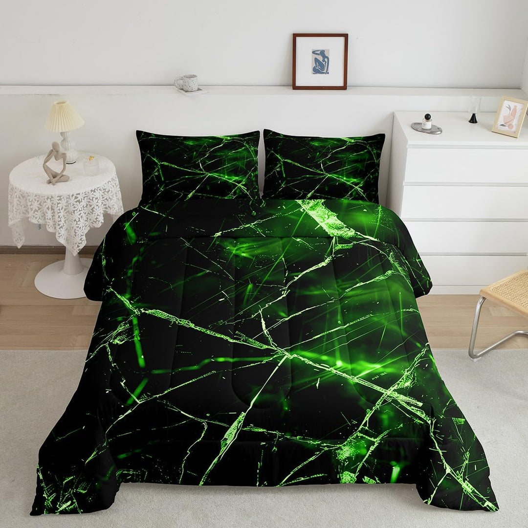 Green and black geometric full comforter set on bed