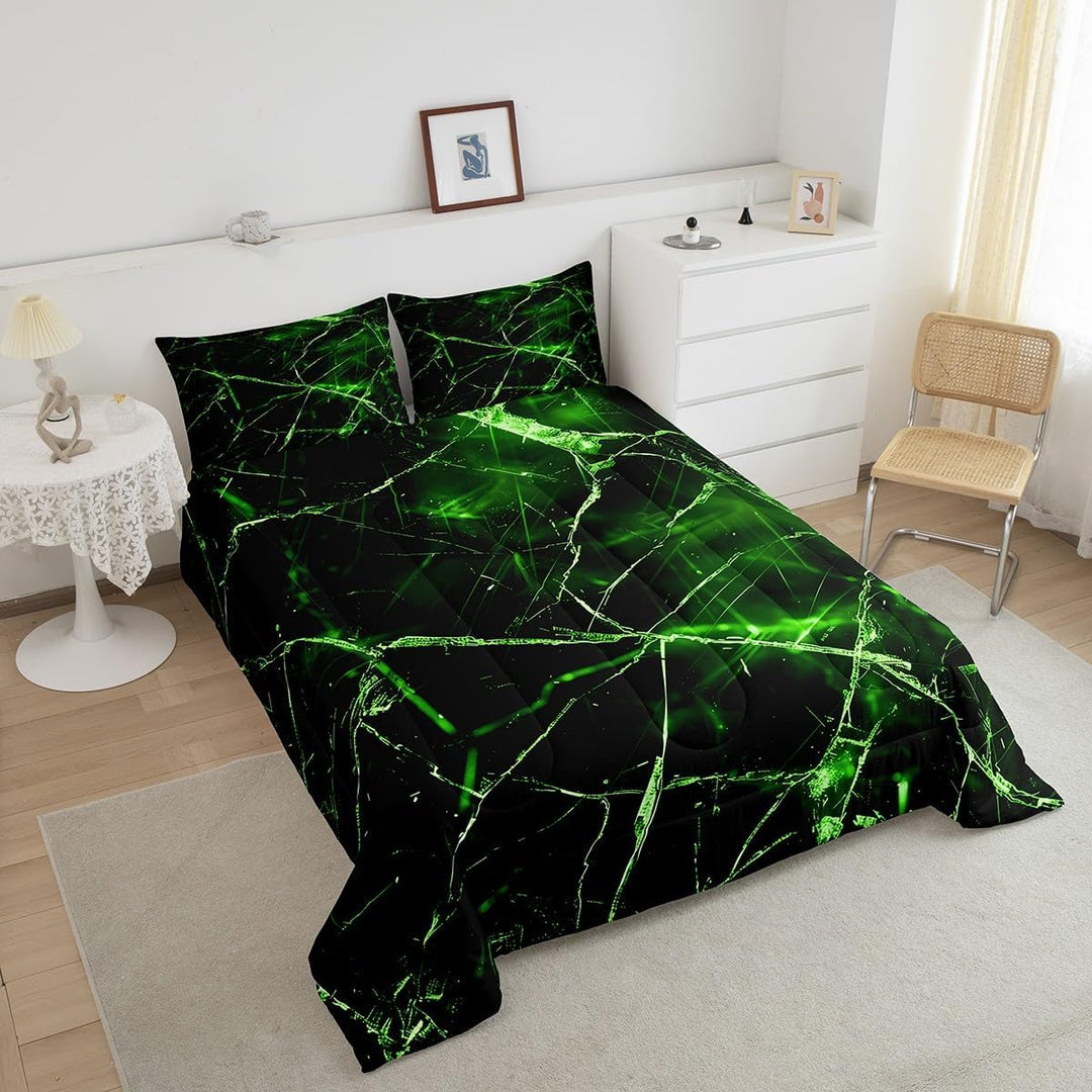 Closer side view of green marble-pattern comforter