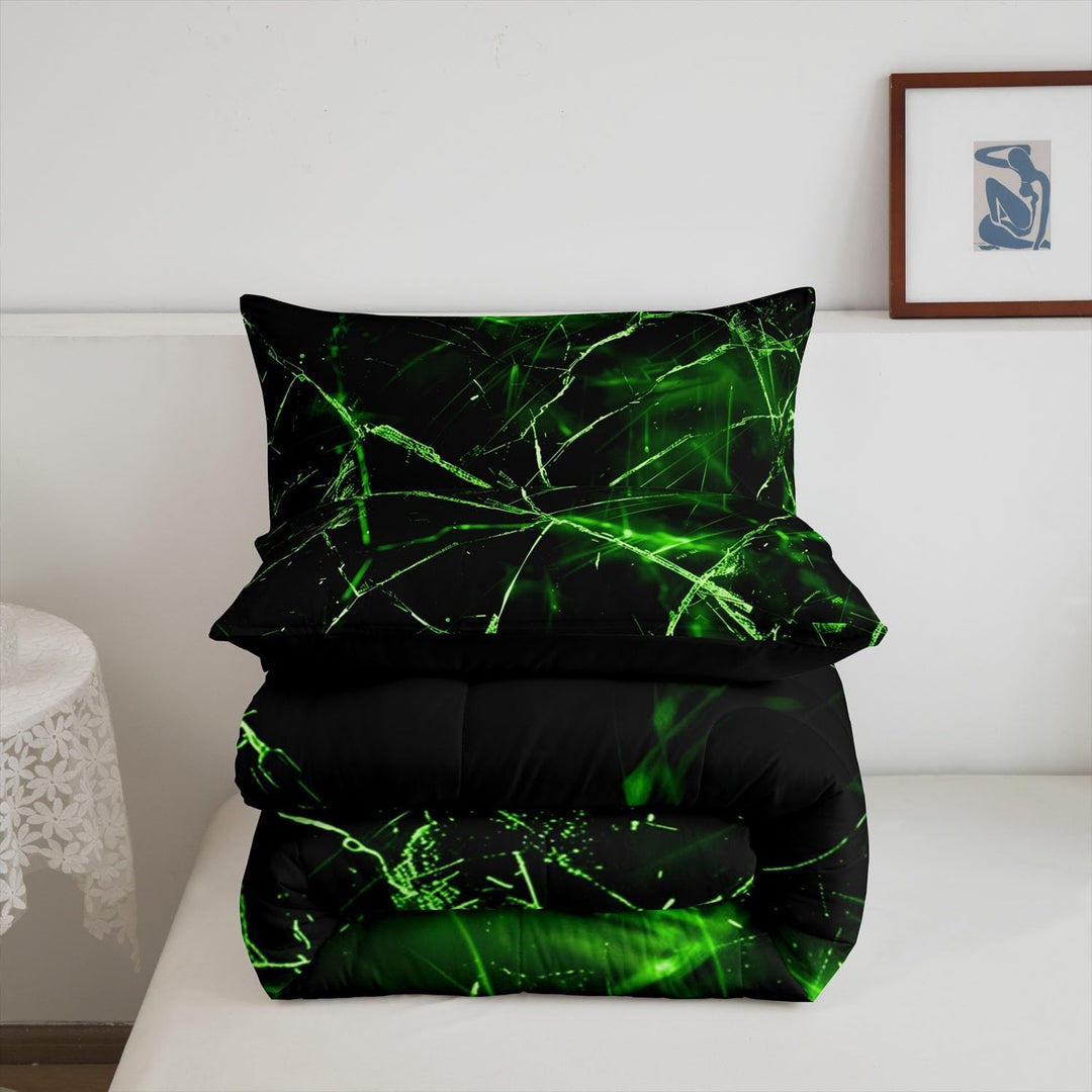 Detail view of matching green and black pillowcase and comforter