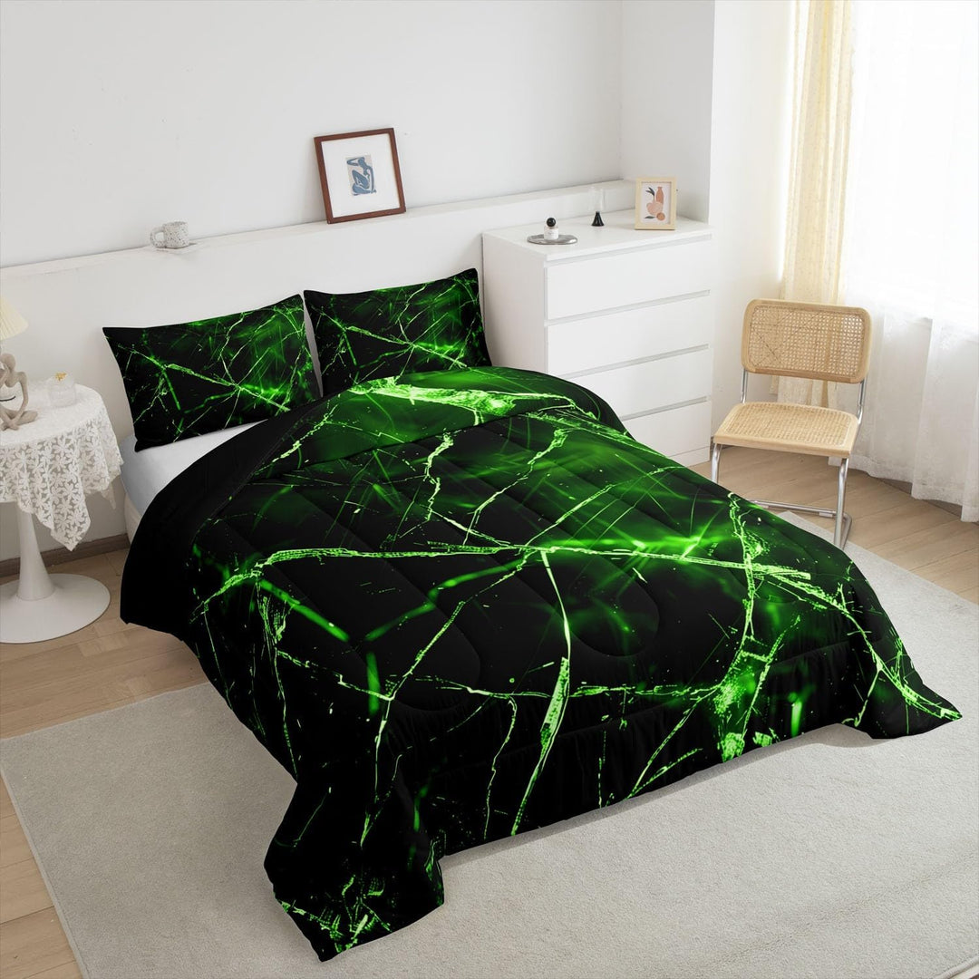 Green geometric full bedding set on a bed