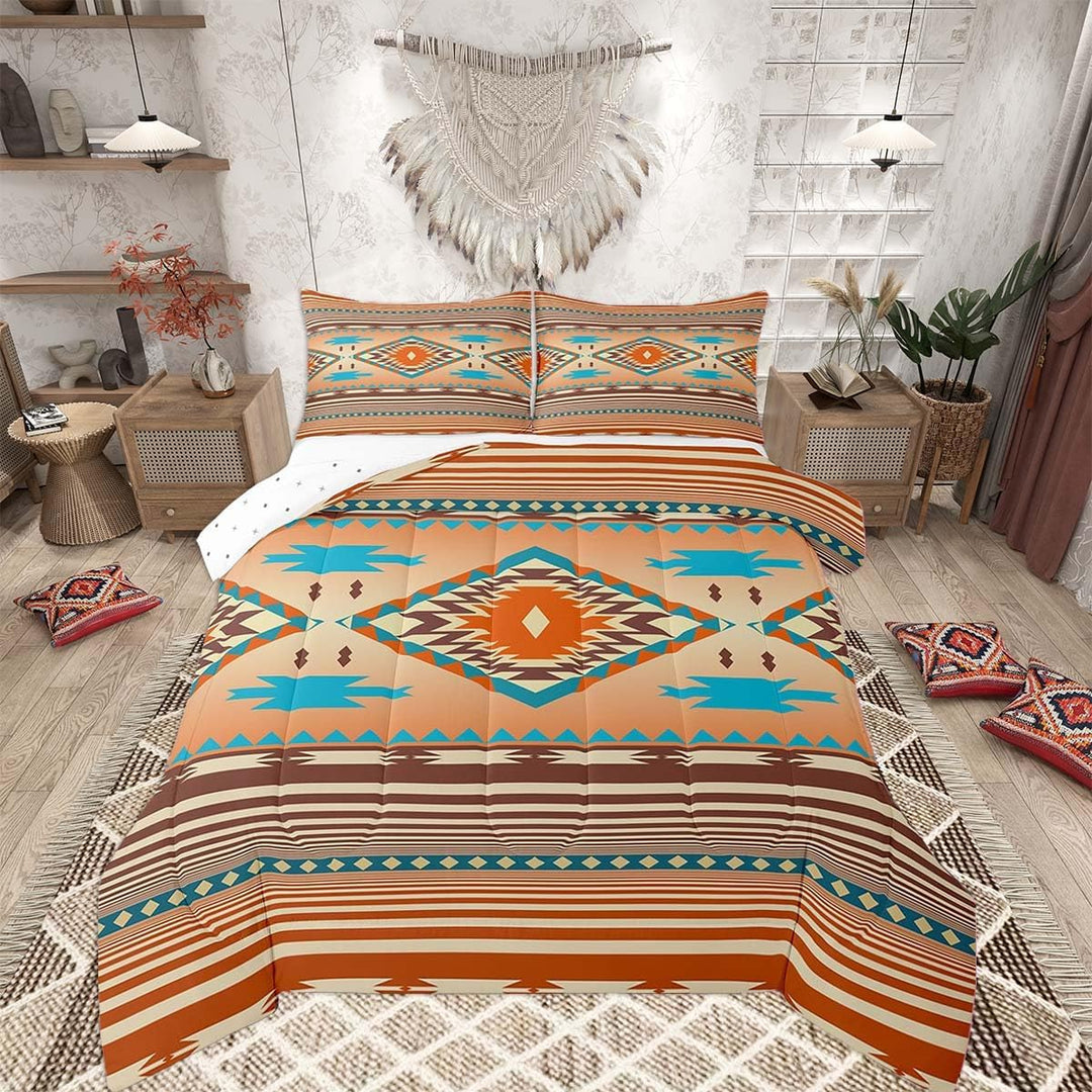 Brown beige and teal Southwestern full comforter set