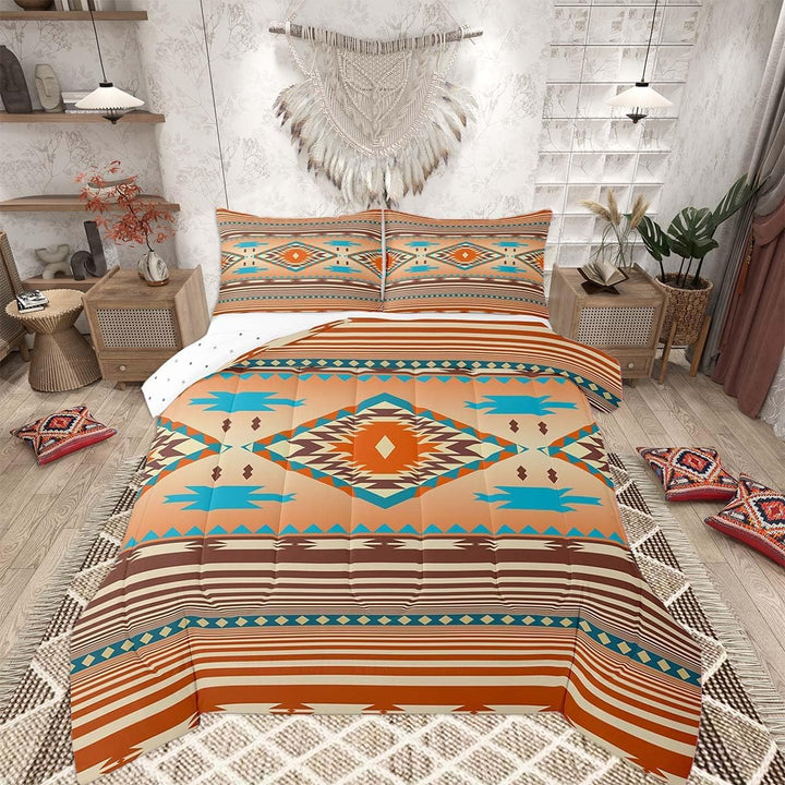 Brown beige and teal Southwestern full comforter set