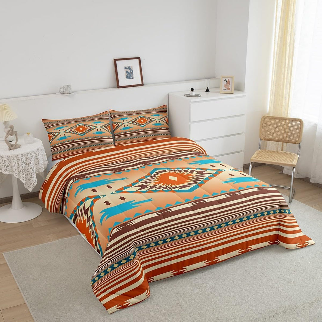 Angled view of Southwestern geometric comforter and pillows