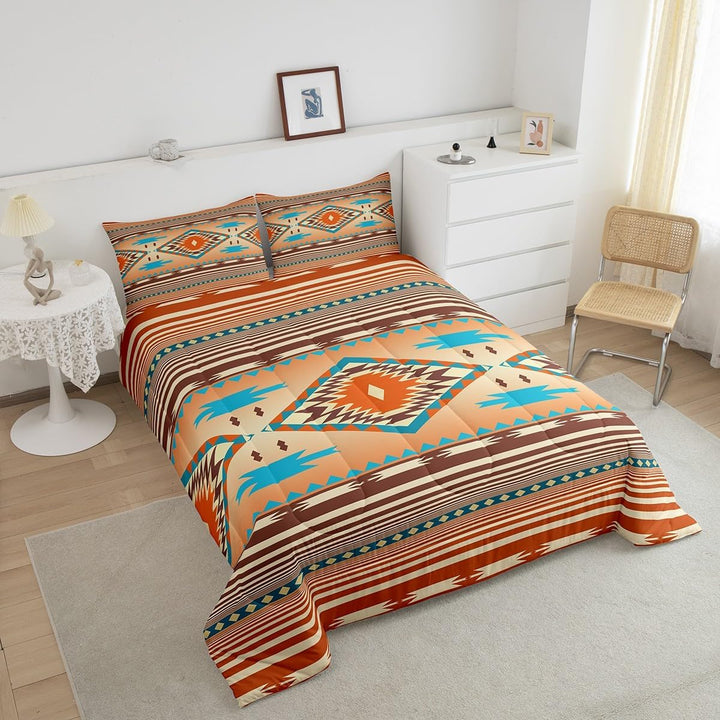 Closer view of Southwestern comforter on full bed