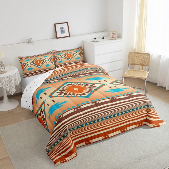 Folded corner of Southwestern patterned comforter