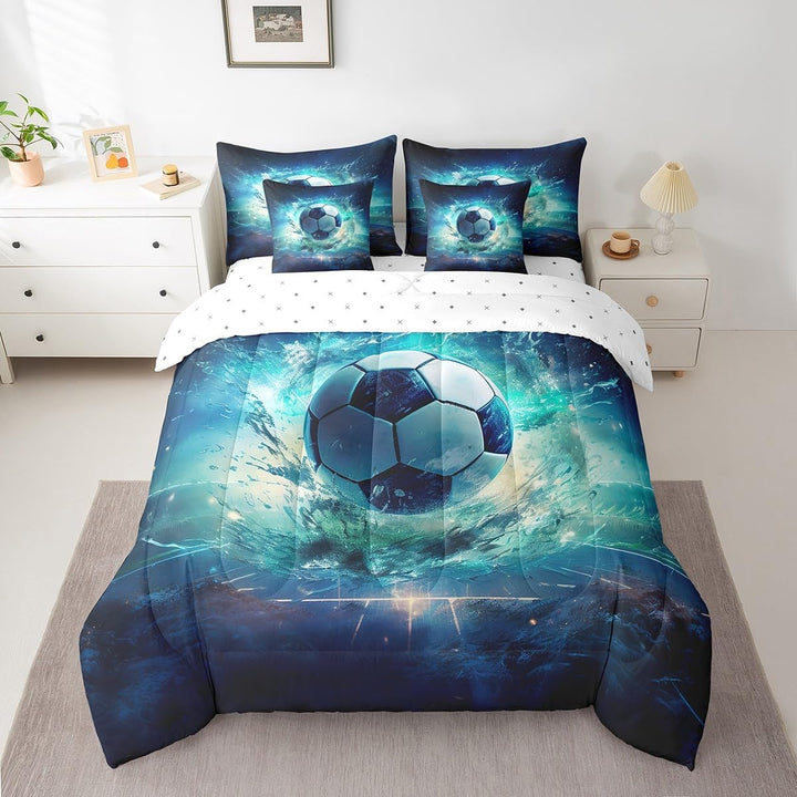 Blue and black soccer twin comforter and sheet set on bed