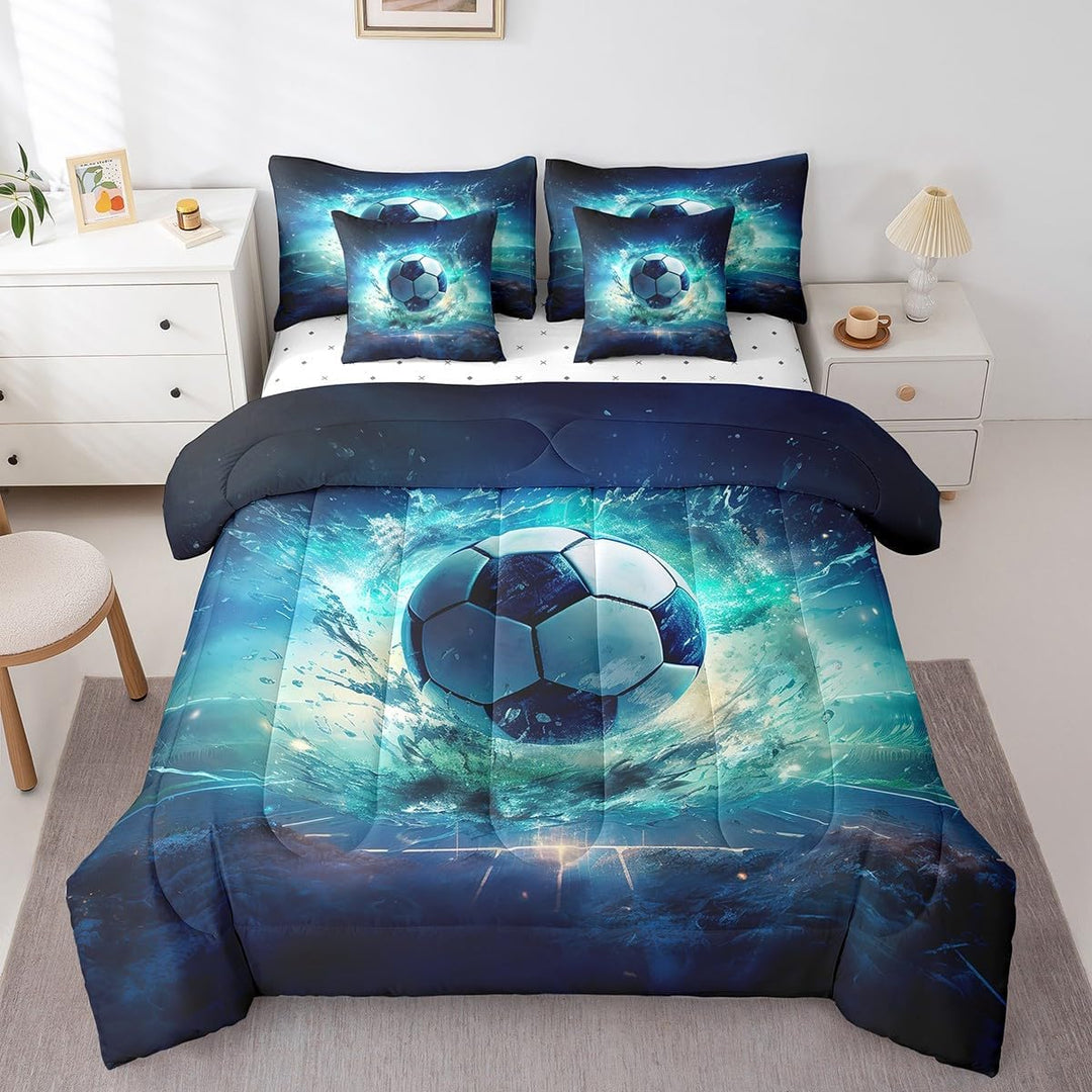 Front view of soccer comforter and pillows