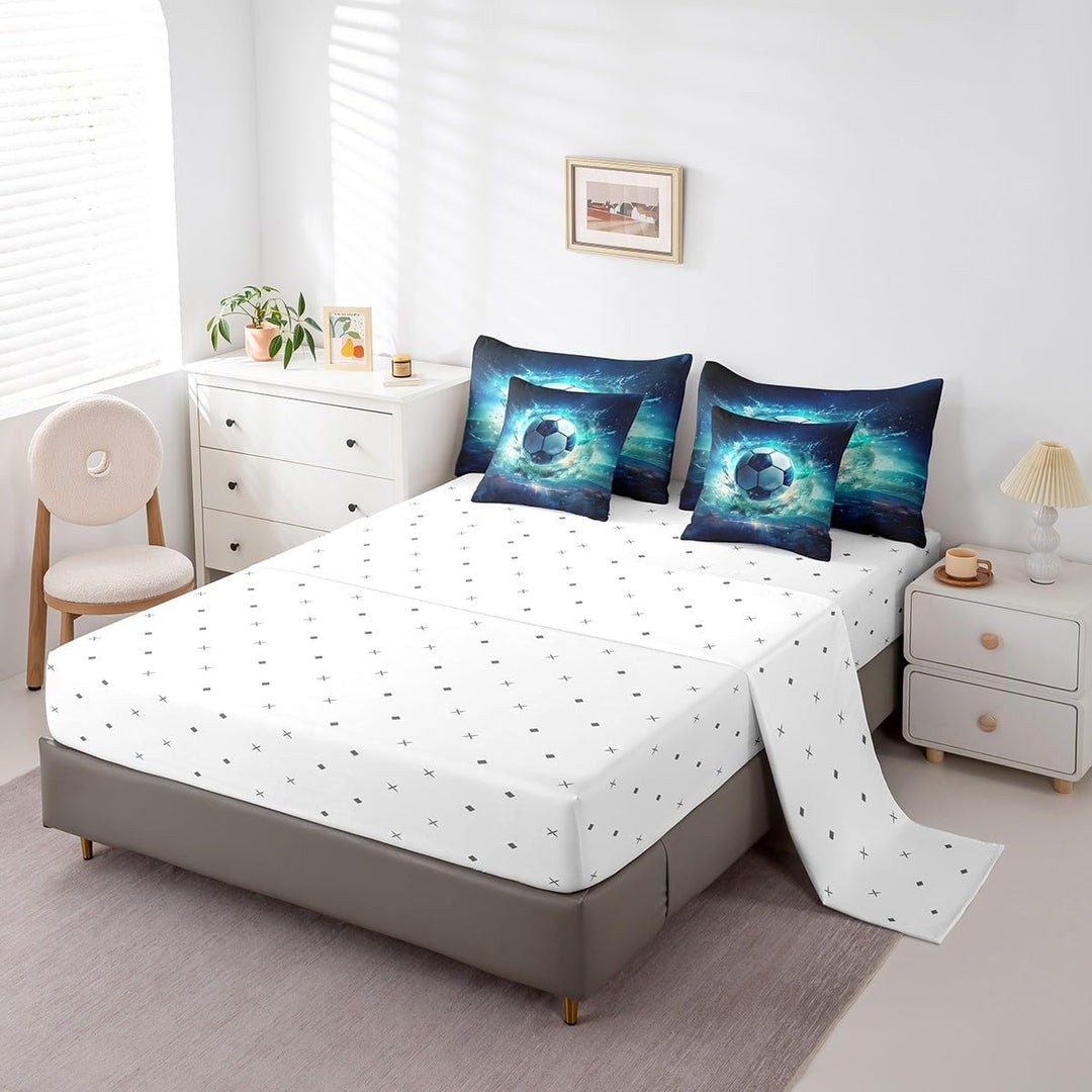 White fitted sheet with soccer-pattern pillowcases