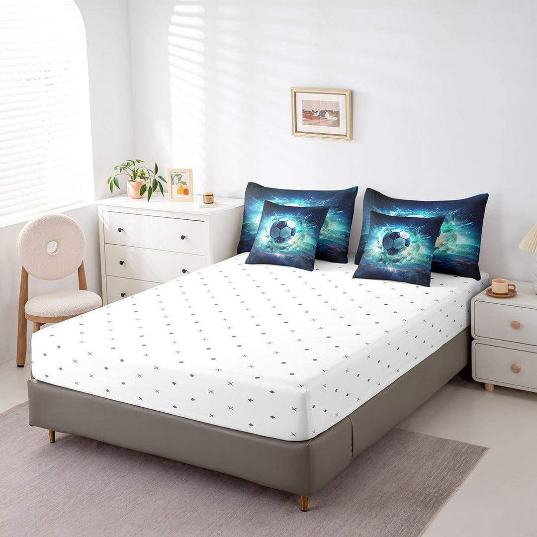 White sheet and matching soccer pillows