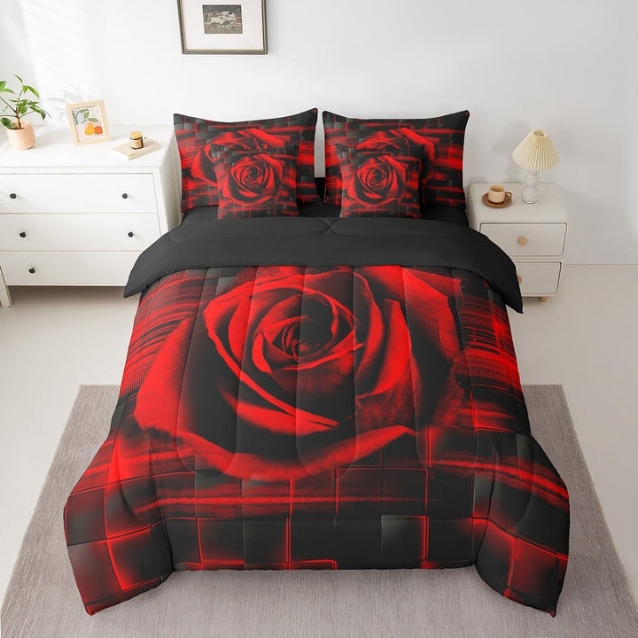 Red rose and black full comforter set on a bed