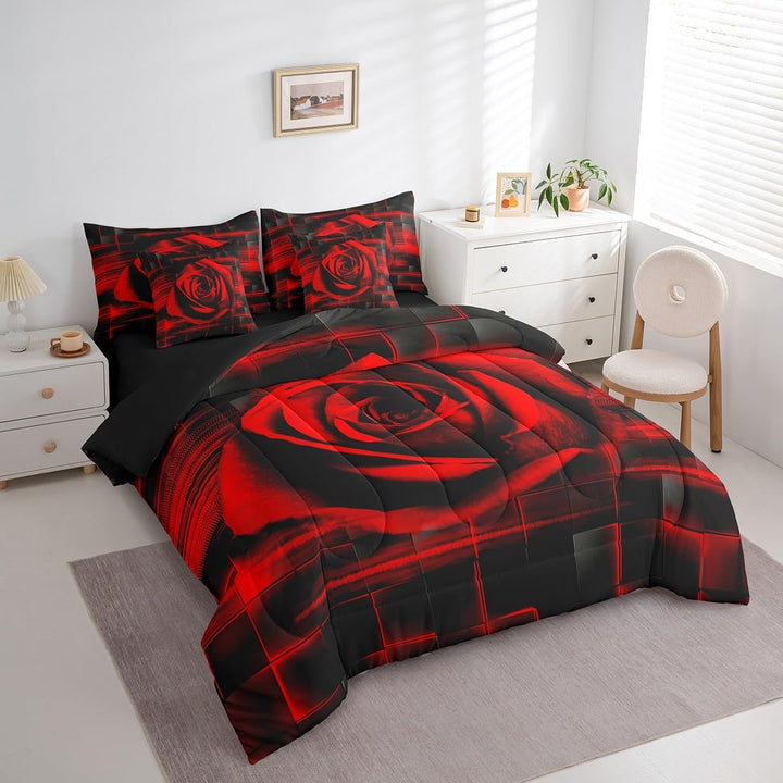 Angled view of red rose comforter and pillows