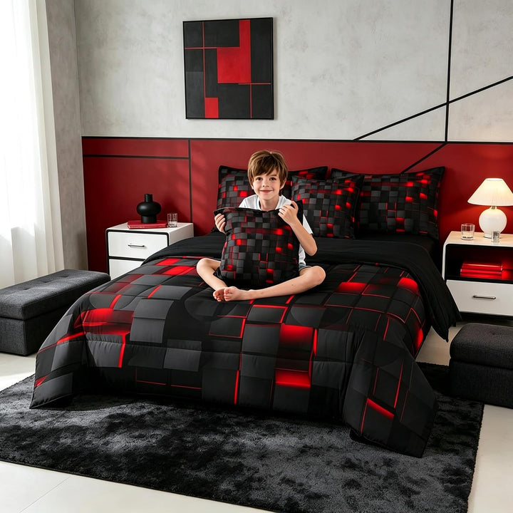 Child with red and black queen comforter