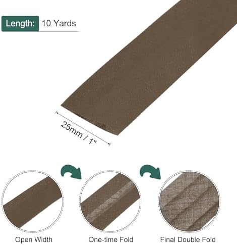 Brown double-fold bias tape width and 10-yard length guide