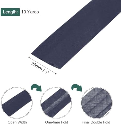 Navy Blue double-fold bias tape width and 10-yard length guide