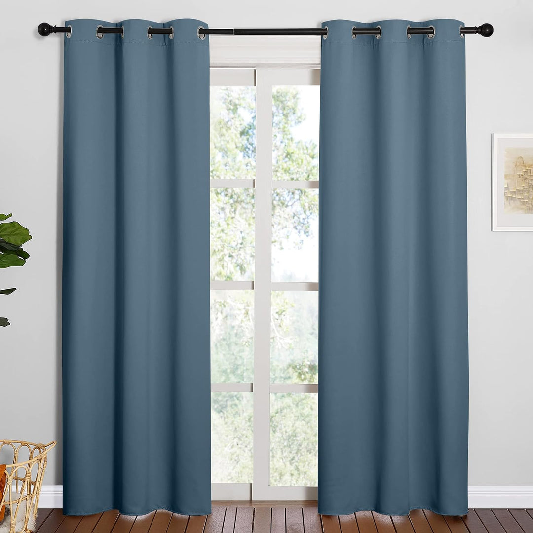 Smoky blue grommet curtain pair