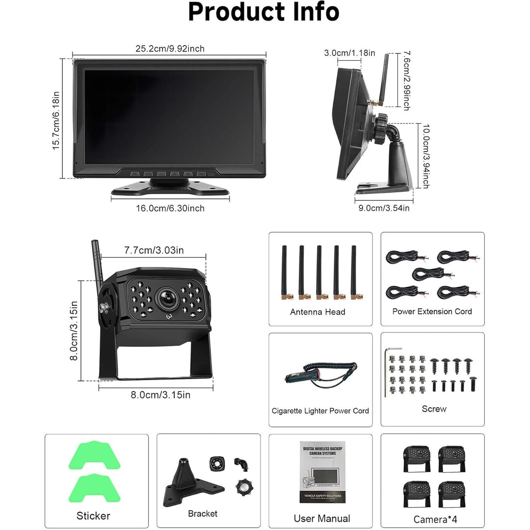 Monitor dimensions and four-camera kit contents