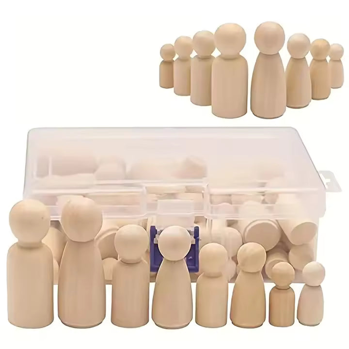 Wooden Peg Doll with Storage Case, 50 Pack Unfinished Wooden Peg Dolls, Wooden People Shapes for Arts and DIY Crafts, Birch and Maple Wood Turnings, 4 Different Shapes and Sizes