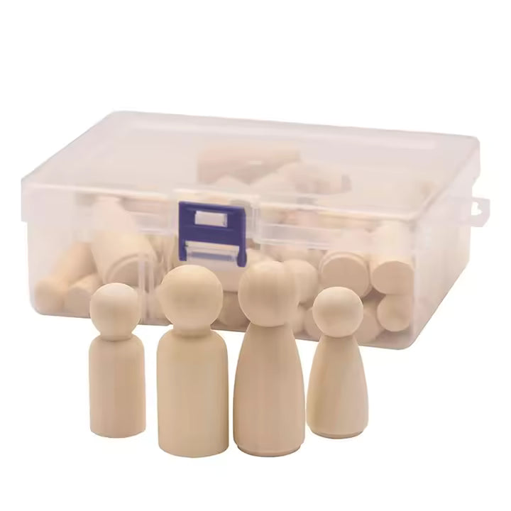 Wooden Peg Doll with Storage Case, 50 Pack Unfinished Wooden Peg Dolls, Wooden People Shapes for Arts and DIY Crafts, Birch and Maple Wood Turnings, 4 Different Shapes and Sizes