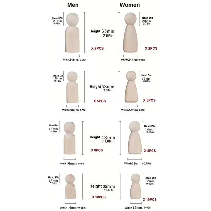 Wooden Peg Doll with Storage Case, 50 Pack Unfinished Wooden Peg Dolls, Wooden People Shapes for Arts and DIY Crafts, Birch and Maple Wood Turnings, 4 Different Shapes and Sizes