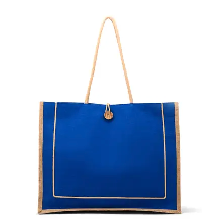 Large Personalized Reusable Fabric Beach Tote Bag - Blue Burlap