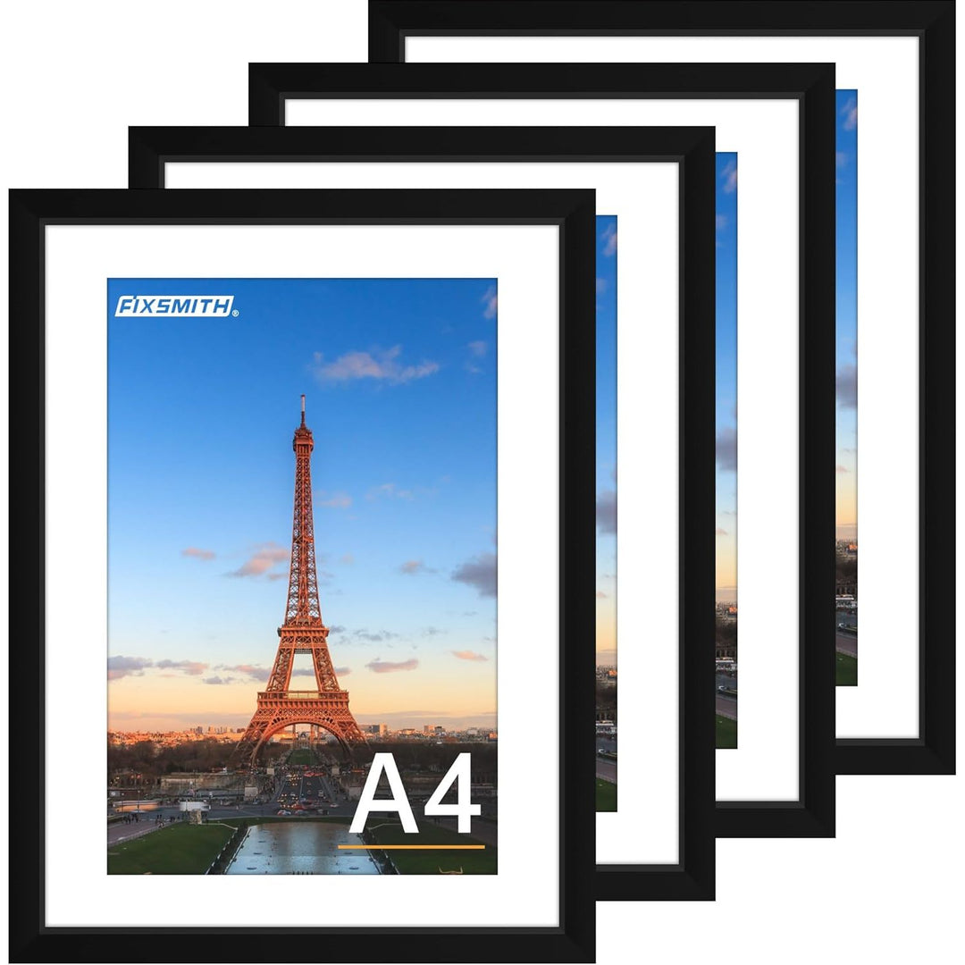 A4 Picture Frame Set of 4, Photo Frame with HD Plexiglass, Display Pictures 6x8 with Mat or 8.3x11.7 Without Mat, Black Picture Frames Collage Wall Decor, Gallary Wall Frame - Just Closeouts Canada Inc.6971152696219
