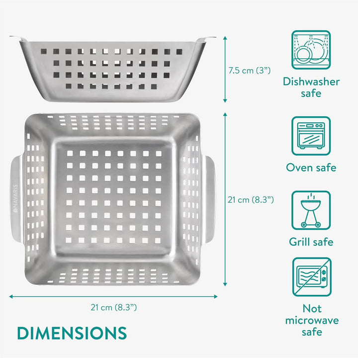 Navaris Stainless Steel BBQ Grill Basket - 8.3"x8.3" (21x21cm) BBQ Grill Pan w Heavy-Duty Design & Perfect Heat Distribution for Best Results - Easy to Use & Clean for Any Griller
