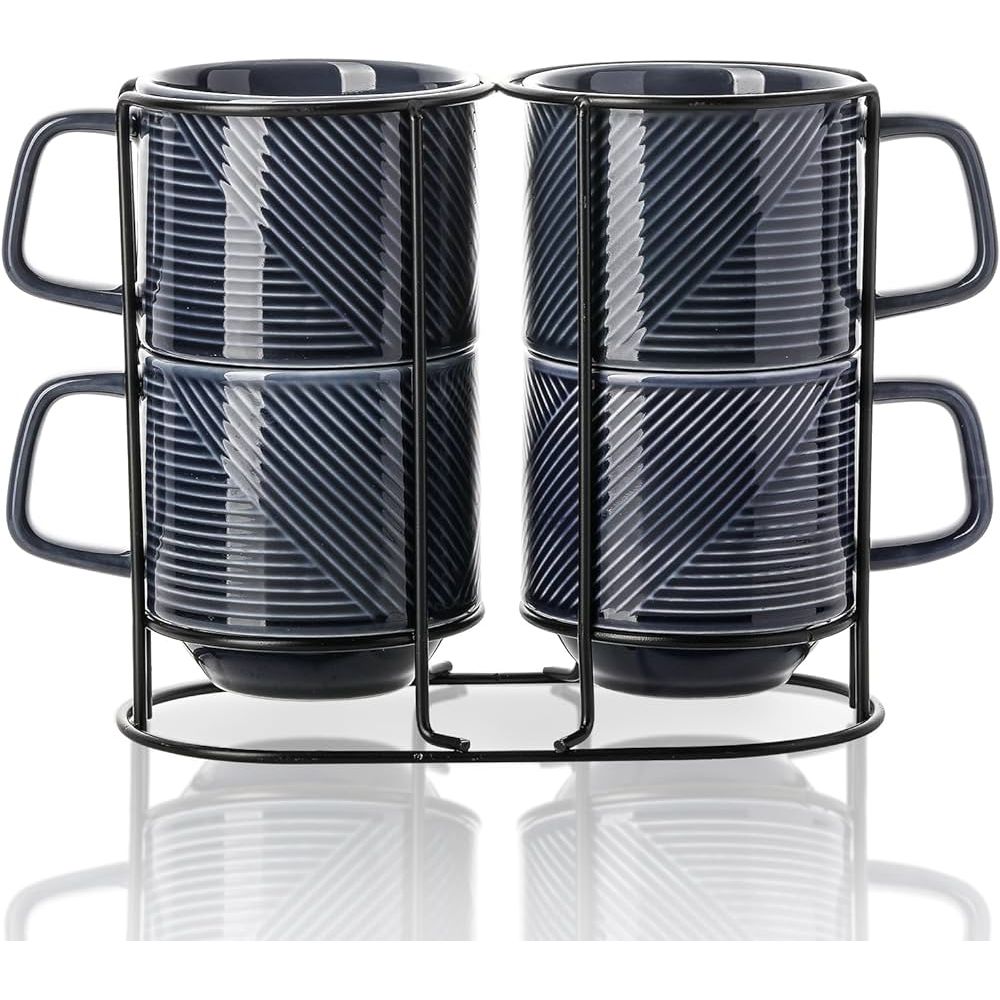 Adewnest Stackable Coffee Mugs with Rack : 13 oz Stacking Ceramic Coffee Cups with Stand - Porcelain Stacked Tea Mugs Set of 4 (Navy) - Just Closeouts Canada Inc.