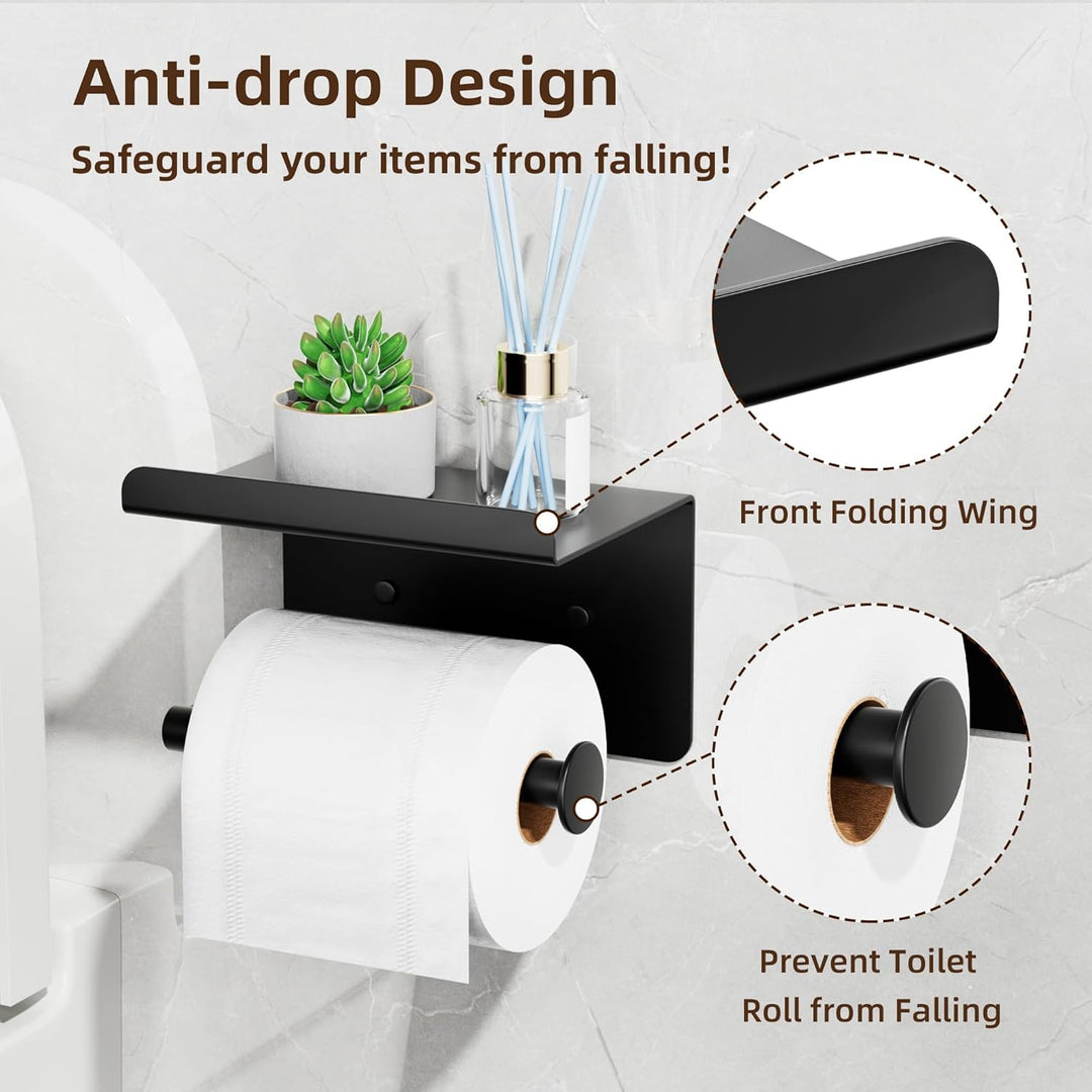 Adhesive Toilet Paper Holder - Wall - Mounted Toilet Paper Roll Holder with Phone Shelf, Rustproof No Nail Toilet Roll Holder with Shelf, Toilet Tissue Holder, Black - Just Closeouts Canada Inc.X003SZ9W31