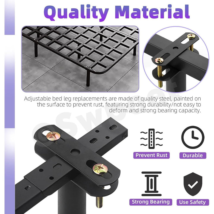Close-up of black steel support legs and mounting plate