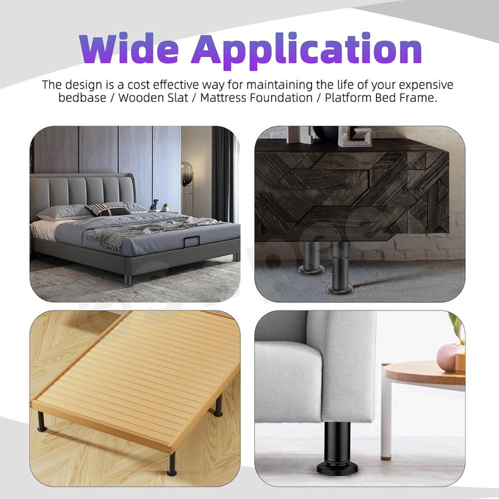 Adjustable bed frame support legs shown in furniture use