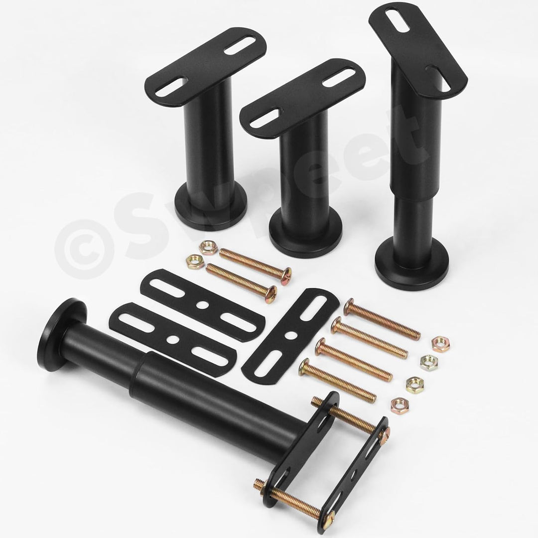 Four adjustable support legs, mounting plates, and screws