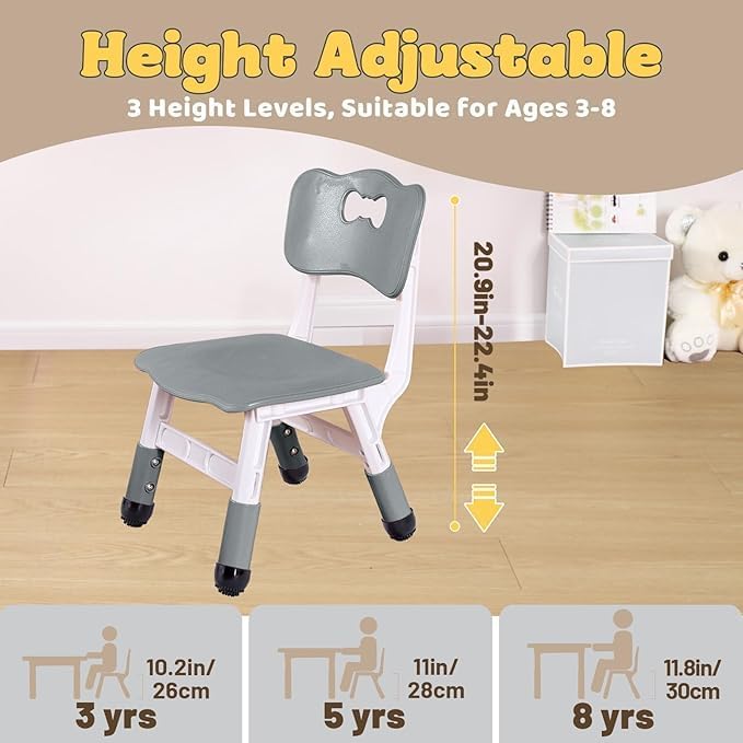Adjustable Kids Chair (2pcs), 3 Level Height Adjustable Toddler Chair for Ages 3-8, for Classrooms/Daycares/Homes, CPC & CE Approved - Grey - Just Closeouts Canada Inc.X003RZKCP9