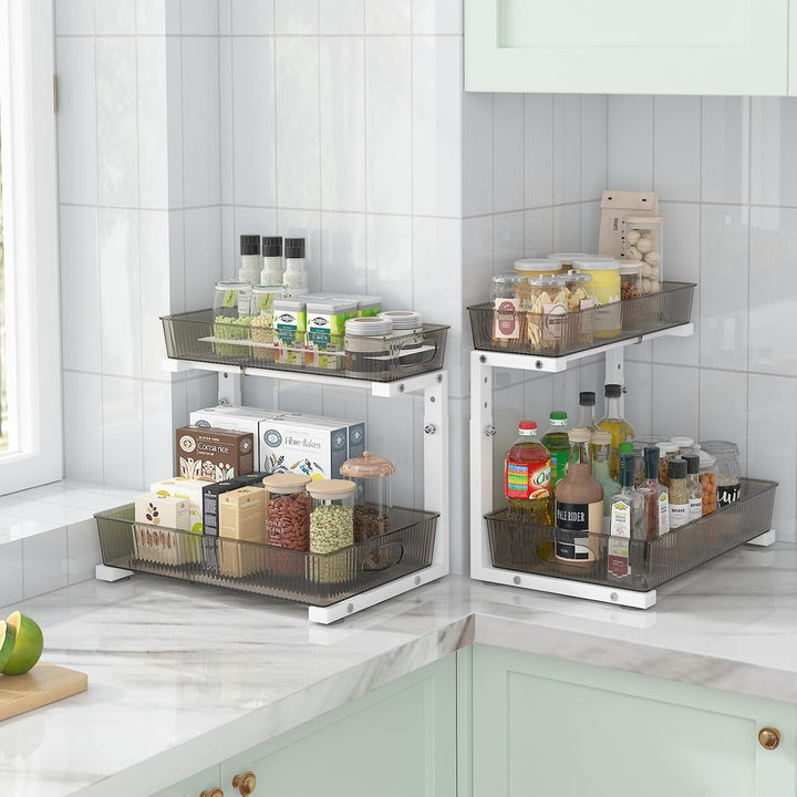ADRIMER Under Sink Organizer 2 Packs, Pull Out Kitchen Sink Organizer Height Adjustable, 2 Tier Slide Out Kitchen Organizers and Storage Metal Cabinet Storage Shelf, Transparent & White - Just Closeouts Canada Inc.