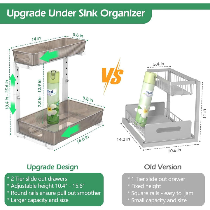 ADRIMER Under Sink Organizer 2 Packs, Pull Out Kitchen Sink Organizer Height Adjustable, 2 Tier Slide Out Kitchen Organizers and Storage Metal Cabinet Storage Shelf, Transparent & White - Just Closeouts Canada Inc.