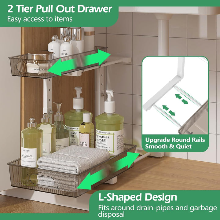 ADRIMER Under Sink Organizer 2 Packs, Pull Out Kitchen Sink Organizer Height Adjustable, 2 Tier Slide Out Kitchen Organizers and Storage Metal Cabinet Storage Shelf, Transparent & White - Just Closeouts Canada Inc.